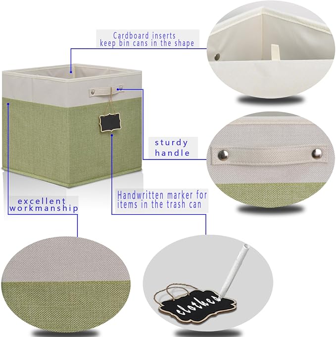 15x13x13 inch cube storage bin,Collapsible Fabric Storage Cubes with Labels 4 Pack,Linen Cube Storage Organizer Bins with Cotton Handles for Home,Nursery,Clothes,Shelves and Closet(White green).