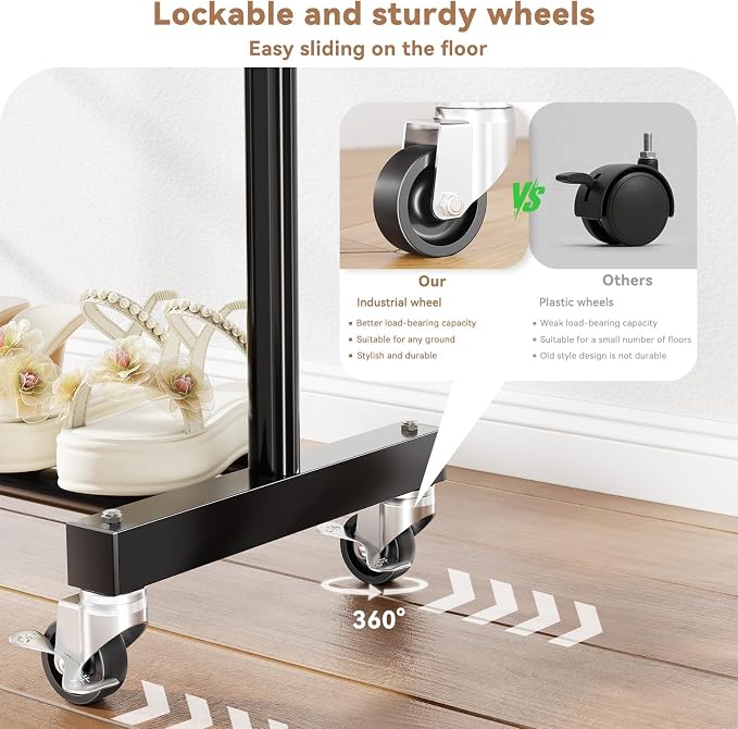 Standard Clothes Rack, Rolling 60“L Clothing Garment Rack with Wheels for Hanging Clothes, Portable Wardrobe Rack for Bedroom, Laundry Room, Black