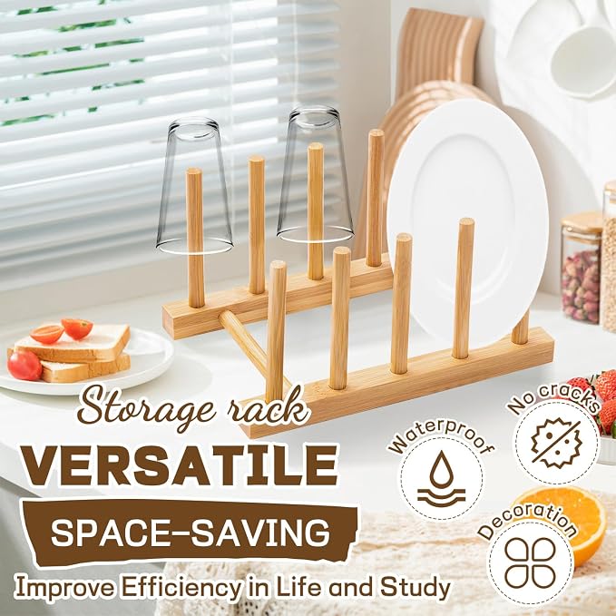 Bamboo Dish Drying Rack for Kitchen Counter, 4 Slots Plate Organizer Stand for Cups Cutting Board Pot Lid Books, Space Saving Bamboo Rack for Cabinet Display