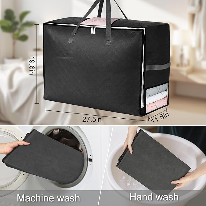 8 Pack 105L Extra Large Comforter Storage Bag, Foldable Bedding Storage Blanket Moving Bags for Clothes Pillows Sweater Dorm, Linen Closet Organizers with 4 Handles & 3 Clear Windows, Black