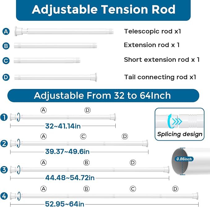 1PCS Spring Tension Curtain Rods 32 to 62 Inch White Tension Rod Spring Tension Rod long Curtain Rod Tension Adjustable Curtain Rods for Kitchen