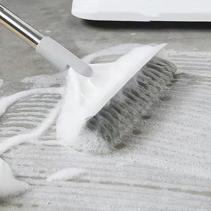 2 in 1 Floor Brush Scrubber with Long Handle Grout Brush 3 Poles 53.5'' New Upgrade Stiff Bristle Cleaning Scrub Brush with Squeegee 120°Rotating Tile Brush for Cleaning Bathroom Glass Patio Kitchen