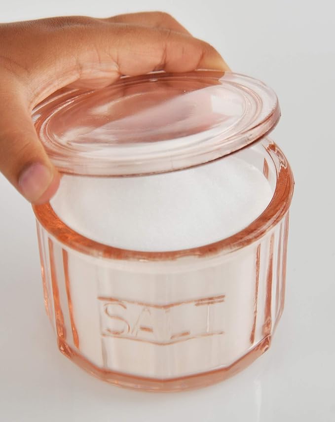 HOME-X Depression Style Pink Glass Salt Cellar with Lid, Retro Kitchen Decor, Wedding Gift - 3 1/2" H x 4" D