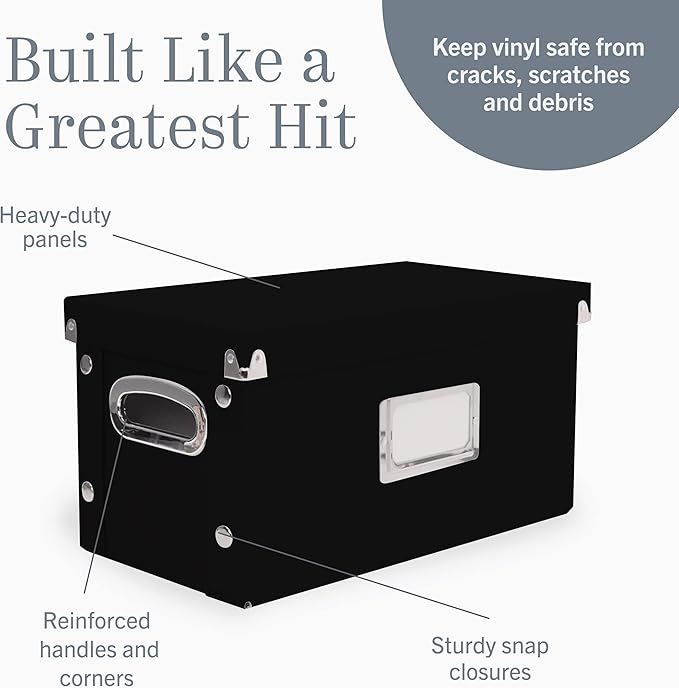 Snap-N-Store Vinyl Record Storage Box - 7"/45 RPM - 2 Pack- Crate Holds up to 75 Vinyl Albums - Black