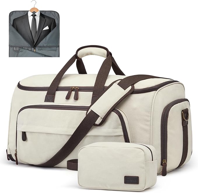 S-ZONE Garment Bag for Travel Convertible Duffle Bag Suit Bag for Men Women | 2-in-1 Hanging Suitcase, with Toiletry Bag, Wet/Dry Pockets, Shoe Compartment, Trolley Sleeve, Carry-on size, Beige