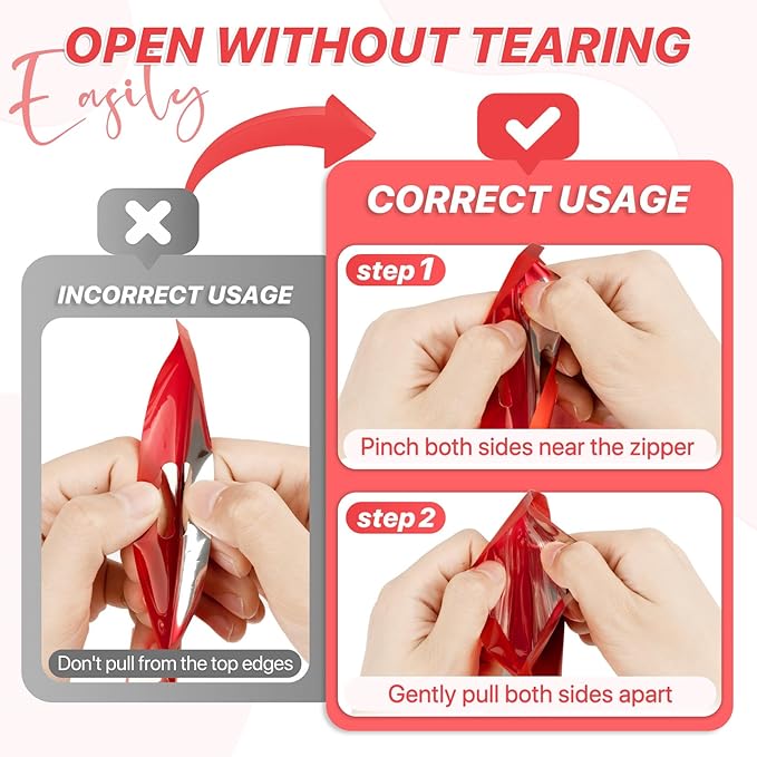 100 PCS Resealable Mylar Bags with Frosted Clear Window Packaging Bag Foil Pouch Zipper Bag for Food Self Sealing Storage Supplies (7.08x10.24, Red)