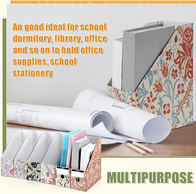PerKoop 12 Pcs Decorative Magazine File Holders Floral Foldable File Folders Magazine Storage Boxes Rack Desk Organizer Documents with Printable Labels for School Office Home (Floral)
