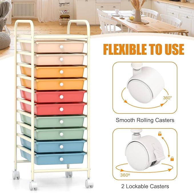 LDAILY 10-Drawer Rolling Storage Cart, Rolling Storage Cart, Storage Organizer on Wheels, Metal Frame, Scrapbook Paper Tools, Suitable for Office School, Classroom (Macaron, 10 Drawer)
