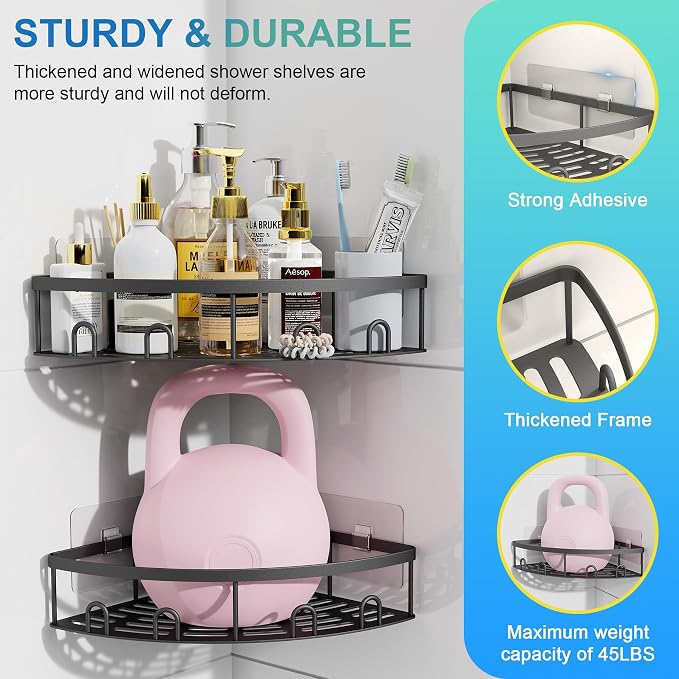 Corner Shower Caddy for Bathroom Storage,Black,2 Pack | No Drilling Bathroom Shower Corner Shelves with Adhesive,Rustproof Shower Organizer
