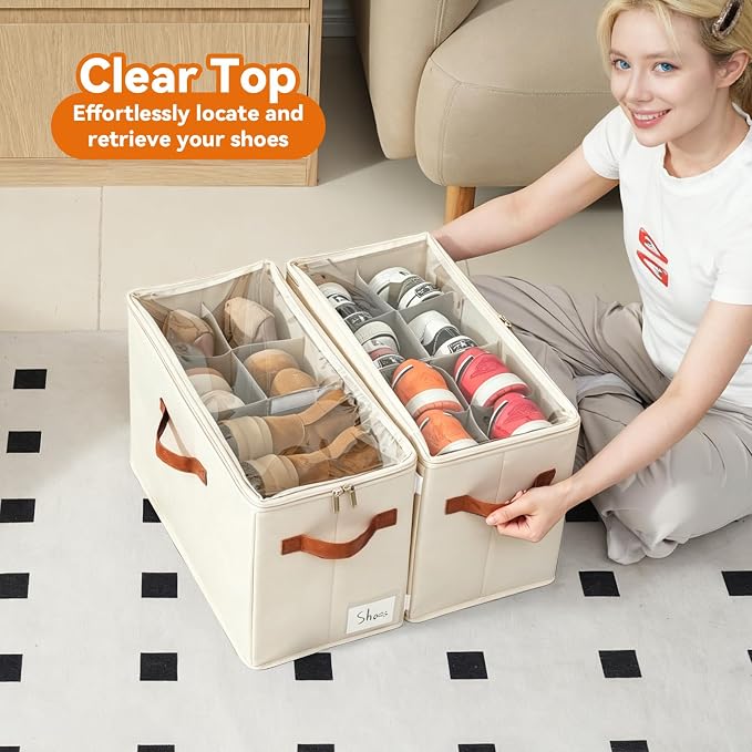 Shoe Organizer for Closet, Fits 32 Pairs, Beige, 4 Pack | Space Saving, Adjustable Dividers, Clear Cover, Reinforced Handles, Stackable & Foldable Farbic Shoe Storage Organizer Box