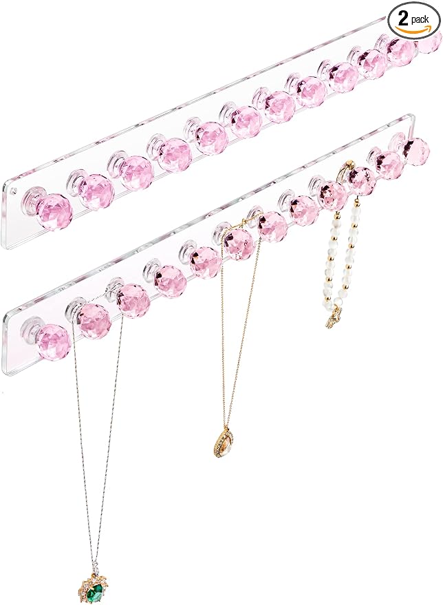 Heesch Necklace Holder, Wall Necklace Hanger, Acrylic Jewelry Organizer | Wall Mount Jewelry Hooks for Necklaces, Bracelets & Chains, Hanging Organizer and Storage, 2-Pack Pink