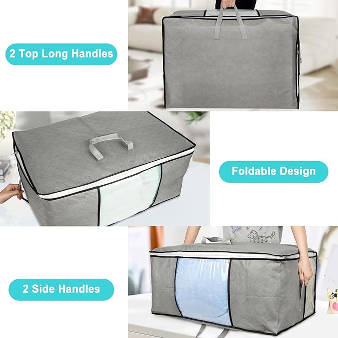 8 Pack 105L Extra Large Comforter Storage Bag, Foldable Bedding Storage Blanket Moving Bags for Clothes Pillows Sweater Dorm, Linen Closet Organizers with 4 Handles & 3 Clear Windows, Grey