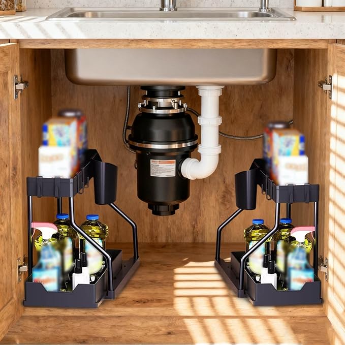 Under Sink Organizers and Storage, 2-Tier Sliding Cabinet Basket Organizer with Hooks, Multi-Purpose Under Sink Organizers and Storage for Bathroom Kitchen (Black, 1 PC)