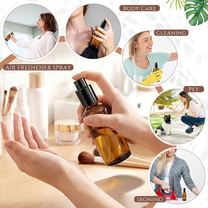 Roshtia 30 Pcs Glass Spray Bottle Clear Empty Bottles Small Refillable Reusable Perfume Bottle with Fine Mist Sprayer Pump for Face Body Travel(3.4 oz,Black Amber)