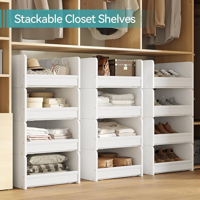 FOUCSSOMEI Closet Organizer and Storage, 4 Tier Stackable Storage Organizer, Wooden & Metal Closet Shelves, Modular Clothes Organizer, Storage Shelf, Bedroom & Closet Organization, Patent Design