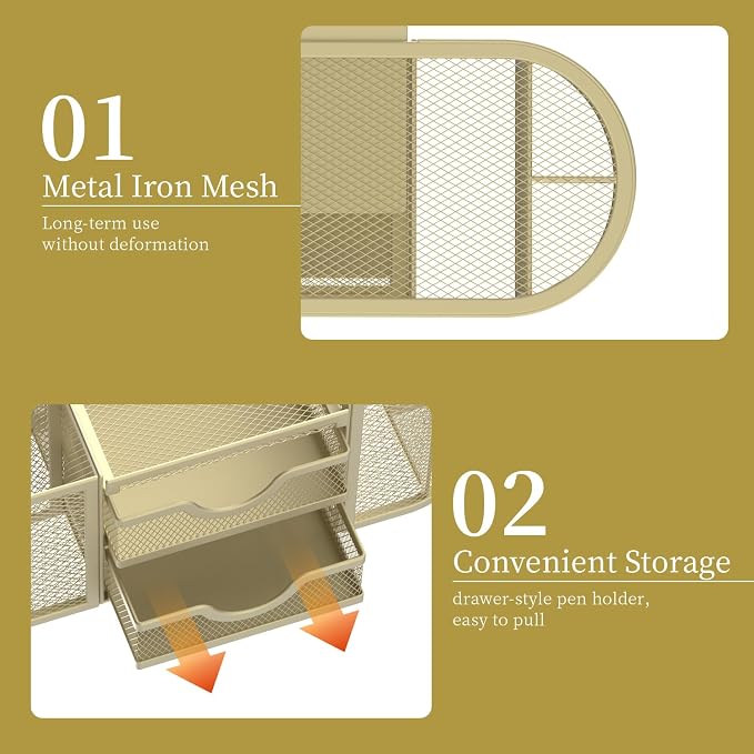 SUPEASY Mesh Desk Organizer, Desk Organizers and Accessories, Pen Holder with Drawers, Pencil Holder for Desk with 2 Drawer for Office Supplies, Golden yellow