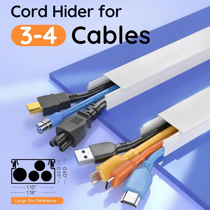Delamu 236in Cord Hider, Professional Cable Cover Kit for Wall, TV Wire Hider for Wall Mounted TV, Raceway Cover on Management Wires, Cable Concealer, 1.18'' H x 0.60'' W, White