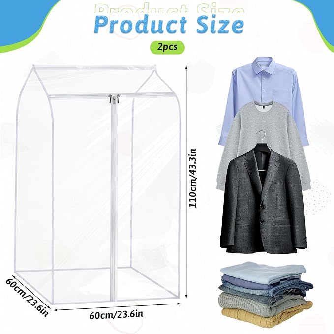 2 PCS 43" Hanging Garment Bags for Hanging Clothes with Clear Window Hang ing Clothes Storage Garment Rack Cover Coat Protector with Zipper for Hangings Clothe Suits Coats Cover