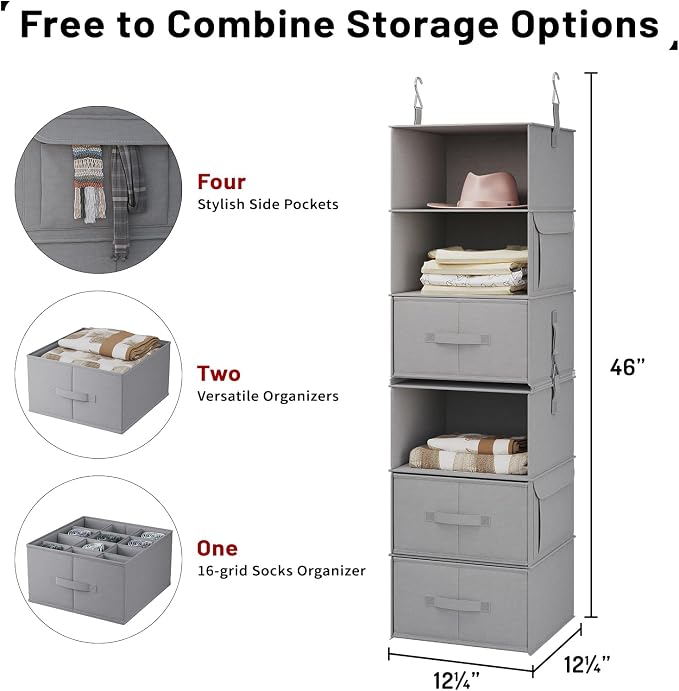 Vailando 6-Tier Hanging Shelves for Closet, Two 3-Shelf Hanging Closet Organizer w/ 4 Side Pockets and 3 Drawers, Combinable for Dorm Wardrobe Organizer and RV Storage and Organization