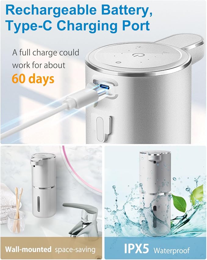Automatic Foaming Soap Dispenser,4-Level Adjustable Foam, Wall Mount, USB Rechargeable,12.8oz/ 380ml,Touchless Hand & Dish Soap Dispenser for Bathroom, Kitchen,Hotel, Restaurant