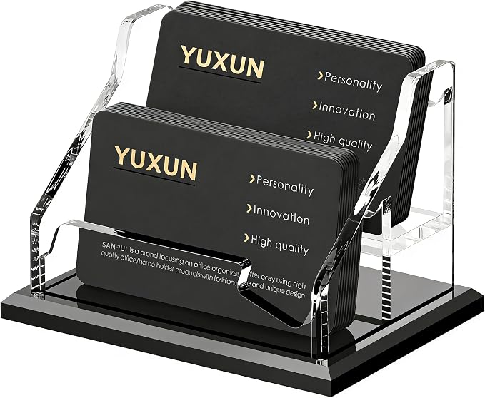 YUXUN Black Business Card Holder for Desk-2 Tier 2 Slot, Acrylic Business Card Holder for Women Men, 100+ Business Cards Display Stand, Multiple Business Card Display for Exhibition, Home, Office