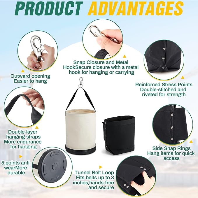 2 Pcs Lineman Canvas Tool Bucket Set Heavy Duty Canvas Bucket and Black Nut Bolt Bag Electrician Aerial Work Tool Organizer for Roofers, Solar Installers, Construction Workers