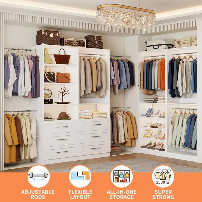 Closet System with 4 Sets, 8–21 FT Closet System with 6 Drawers, 9 Shelves & 8 Hanging Rods, Heavy Duty Closet Organizer System for Walk in Closets, Modular Custom Wood Closet Kit, White