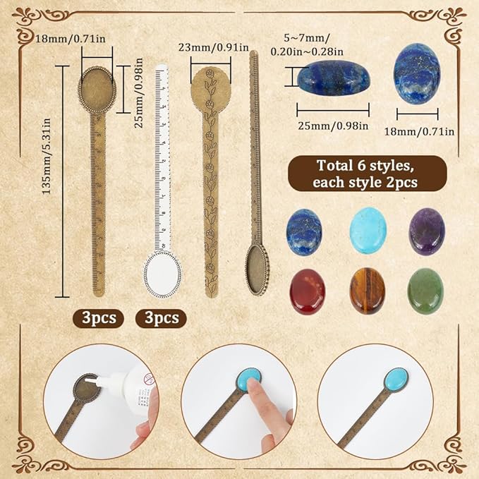 SUNNYCLUE 12Pcs DIY 6 Sets Metal Bookmark Blanks Natural Gemstone Oval Cabochons Ruler Bookmark Bezel Trays Book Mark Blanks Bezels Antique Silver Bronze Cabochon Bookmarks Making Kit for Men Women