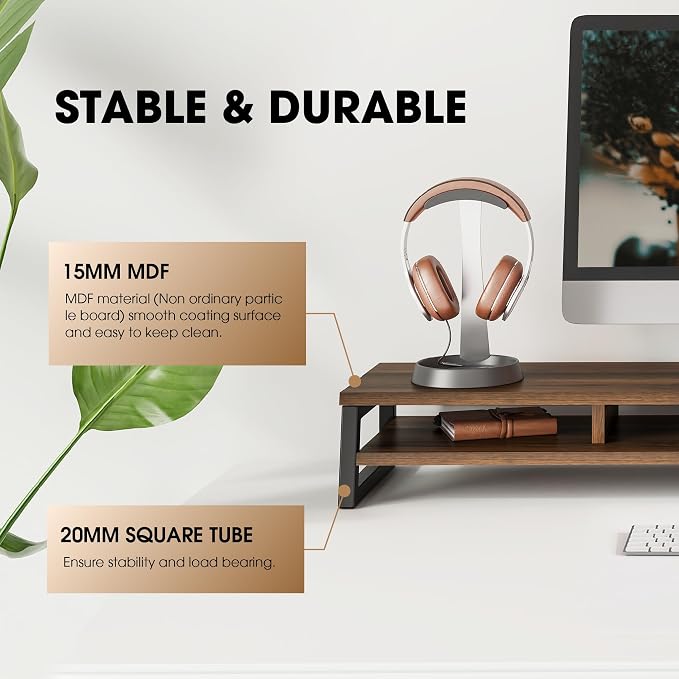 Fenge Dual Monitor Riser for Desk, Open Shelf with 3 Storage Compartments | 42.5in Computer Monitor Stand, 2-Tier Desk Shelf for Top of Desk,One-Piece Panel, fit Ultrawide Monitor, PC, Laptop, Brown