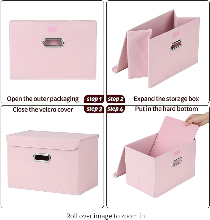 STOREONE Fabric Storage Cube Bins Foldable Organizer Container Collapsible Basket with Lids and Metal Handles, for Home, Bedroom, Closet 3 Pcs (multicolour-light pink)