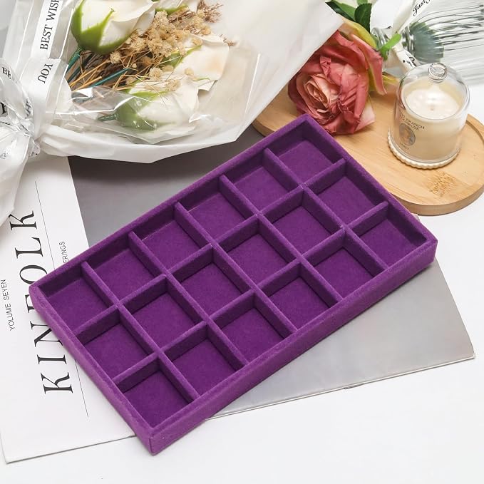 Velvet Jewelry Trays for Drawers, Purple Stackable Jewelry Drawer Organizer Inserts, Ring Earring Necklace Bracelet Holder Organizer Storage Display Tray with Removable Dividers, 18 Grids