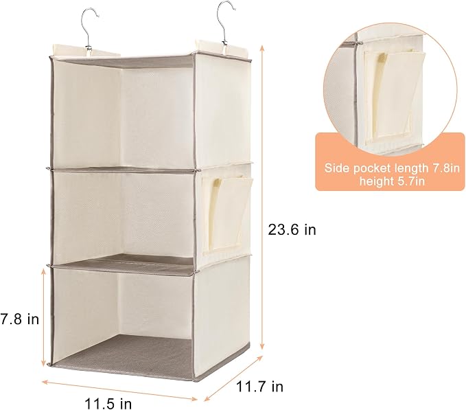 BOOMIBOO Hanging Closet Organizer and Shelves, 4 Shelves with 1 Side Pockets, Foldable, Grey Fabric, Modern Style, for Bedroom and Dorm Room (Beige)