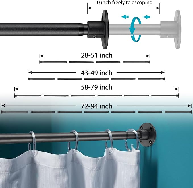 Shower Curtain Rod 28-94 Inch，Adjustable Heavy Duty Shower Rods for Bathroom Wall Mounted Permanent Industrial Shower Curtain Rod Rust Proof Stainless Steel Black