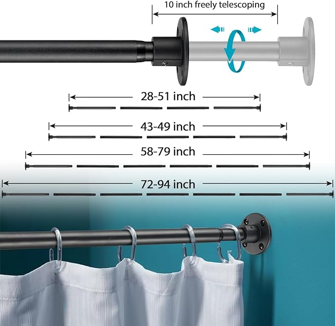 Shower Curtain Rod, Closet Rod 28-51 Inch，Adjustable Heavy Duty Shower Rods for Bathroom Wall Mounted Permanent Industrial Shower Curtain Rod Rust Proof Stainless Steel Black