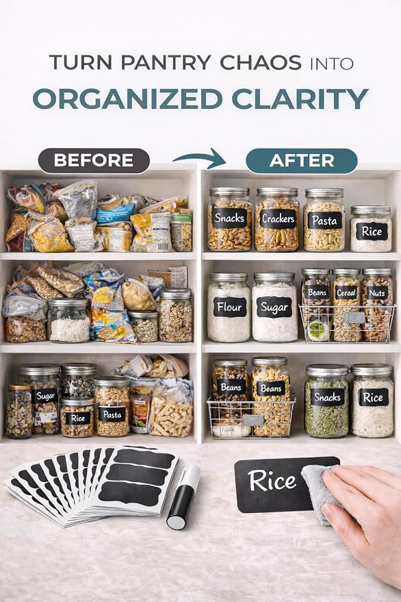 Chalkboard Labels for Jars – 180 Pack, Reusable Waterproof Erasable Stickers with Liquid Chalk Marker, 2” x 3” Wavy Rectangle Labels for Pantry, Mason Jars & Kitchen Organization