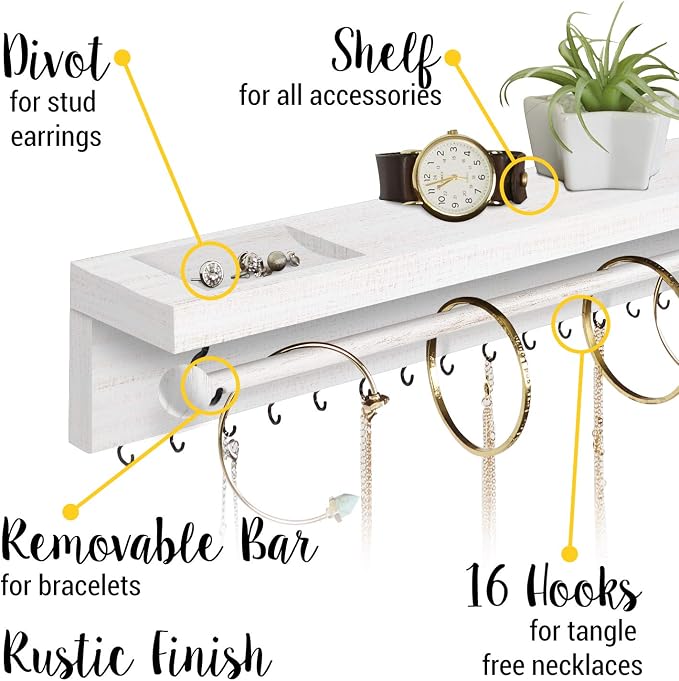 Rustic White Necklace Jewelry Organizer - Wall Mount Jewelry Holder - Mounted Hanging Jewelry Storage Hooks for Necklace, Earrings, and Rings - Farmhouse Wood Decor Bedroom Boho Shelf Rack