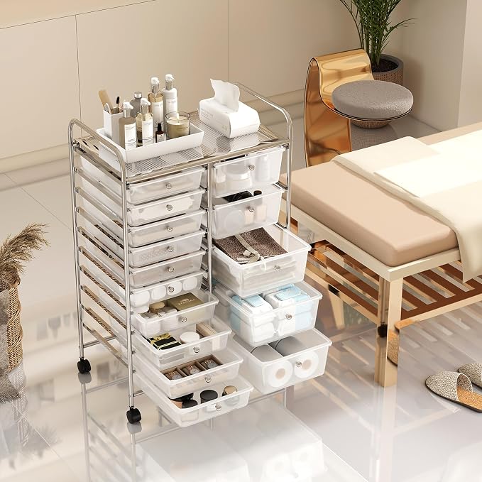 DREAMADE 15-Drawer Rolling Storage Cart, Mobile Craft Cart, Clear | Utility Organizer with Lockable Wheels, Removable Plastic Drawers and Metal Frame for Home Office, Classroom and Studio