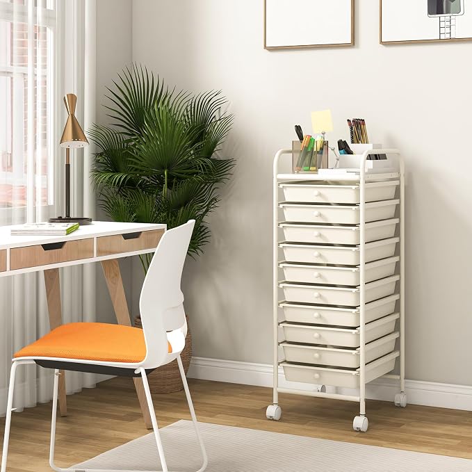 Storage Cart, Rolling Utility Cart with 10 Drawers, Portable Handles & Lockable Wheels, Mobile Paper Toys Storage Organizer Large Capacity for Home Office School Teacher (White)