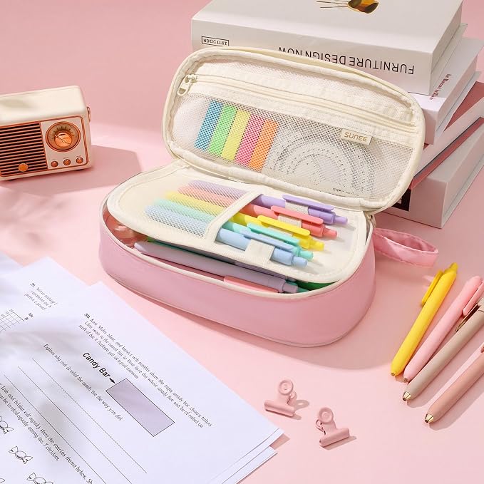SUNEE Cute Pencil Case, Kawaii Big Capacity Pencil Pouch, Personalized Initial Pencil Bag with Zipper, Stationery Storage and Organizer, Back to School Supplies, Pen Box for Girls & Boys, Teen, E-Pink