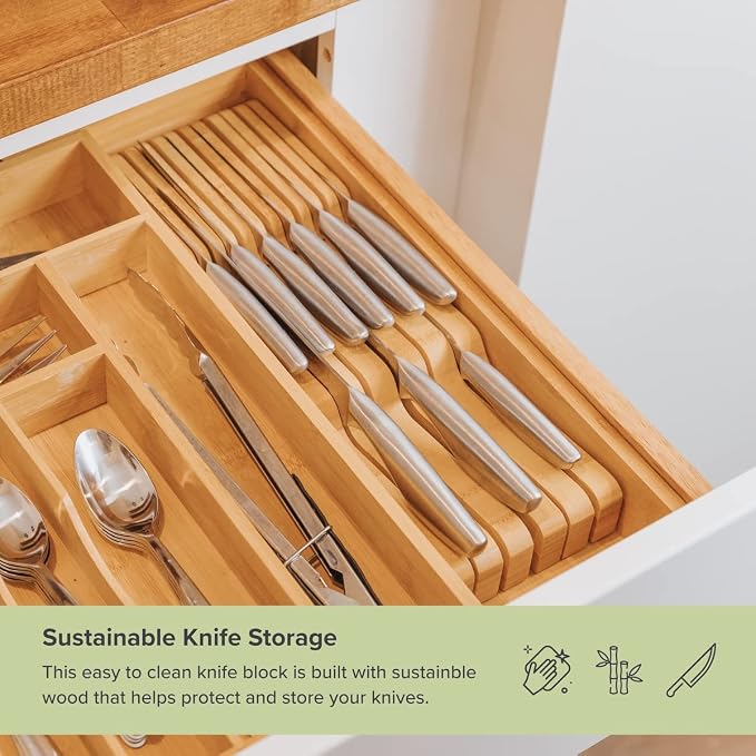 KitchenEdge In-Drawer Knife Block Holder, 11 Slots, Bamboo | Fits most knife sizes, rubber feet, food-safe finish