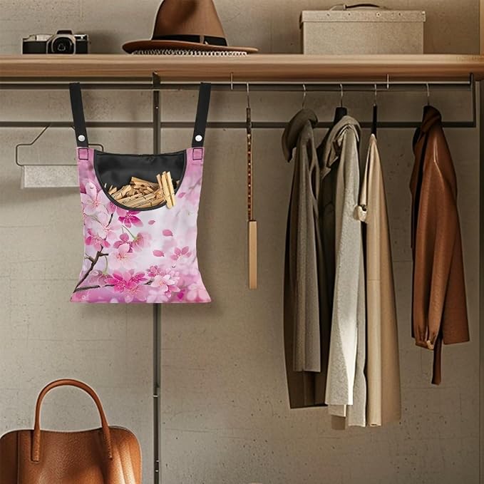 Cherry Blossom Clothespin Bag Space-Saving Laundry Hanging Storage Organizer Clothes Pin Hanging Bag with Rope Holds 100 Clothes Pins for Clothesline Outdoor Clothespin Accessory Bag