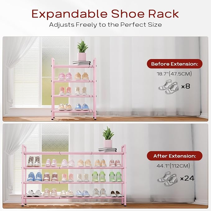 Bumusty 4-Tier Long Expandable Shoe Rack for Closet, 18"-44" Adjustable Shoe Rack for Entryway, 20-24Pairs Large Shoe Organizer Shelf Storage, Sturdy Metal, Black