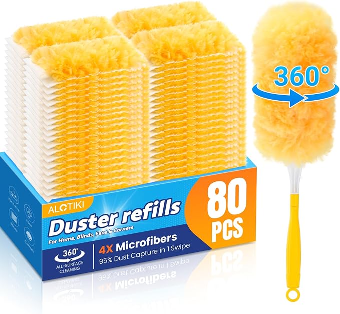 Alotiki Heavy Duty Duster Refills, 80 Count 360° Double-Sided Duster Refill and 2 Yellow Handle, Disposable Dusters Refill for Daily Dust Cleaning, Electronics, Furniture, Blinds, Ceiling Fans