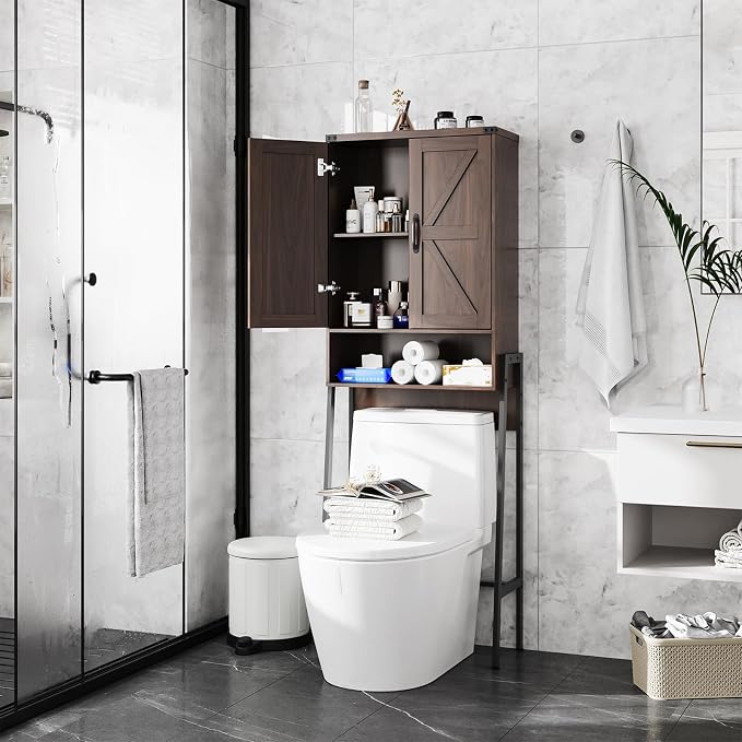 Vabches Over The Toilet Storage Cabinet with 2-Door Design Bathroom Organizers and Storage with Anti-Tip Device Over Toilet Organizer with Shelves for Bathroom,Restroom,Laundry Espresso