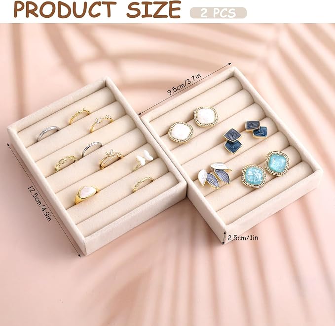 2pcs Ring Holder Display Small Ring Organizer for Jewelry Rings TrayRings Holder Display Tray Velvet Rings Earrings Insert Holders for Girl Store Selling or Home Show Storage Jewelry Box Drawer(Beige)