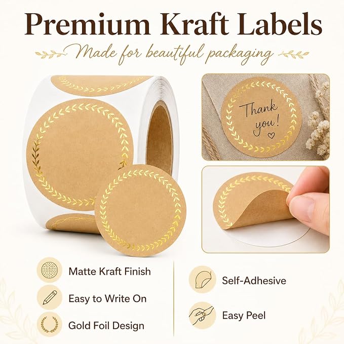 IBAKE 500 Kraft Canning Labels, 2 Inch Round Sticker Labels, Gold Foil Labels for Jars, Round Labels, Mason Jar Labels, Bakery Stickers, Candle Labels, Soap Labels for Packaging