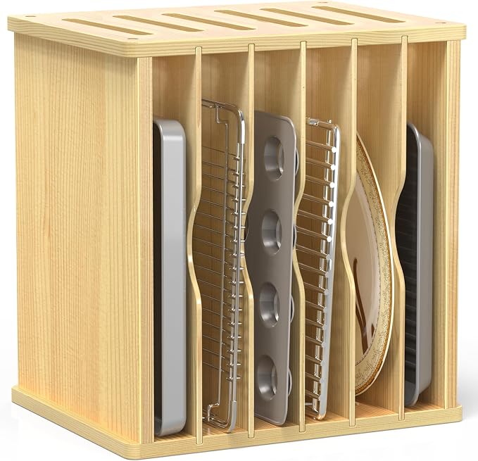 7 Tier Wooden Tray Dividers for Cabinets, Kitchen Cookie Sheet Organizer for Cabinet, Vertical pans, Baking trays, Cutting Board