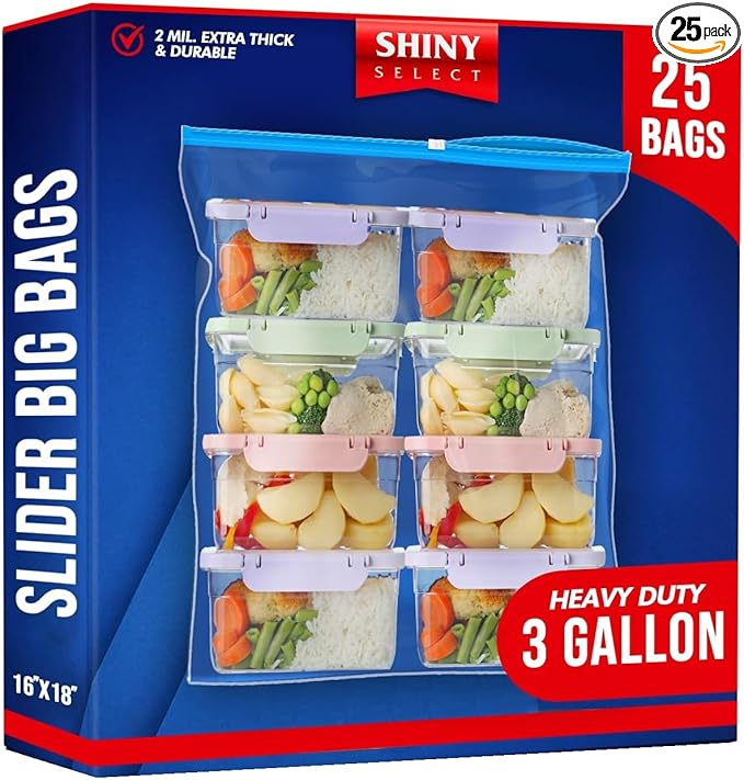 Extra Large Jumbo Size 3 Gallon Slider Storage Bags, 25 Bigger Resealable Extra Large Clear Plastic, 2 Mil Thick for Moving, Food Meal Preparation, Clothing, Toys, Shoes, Toiletries, Snacks