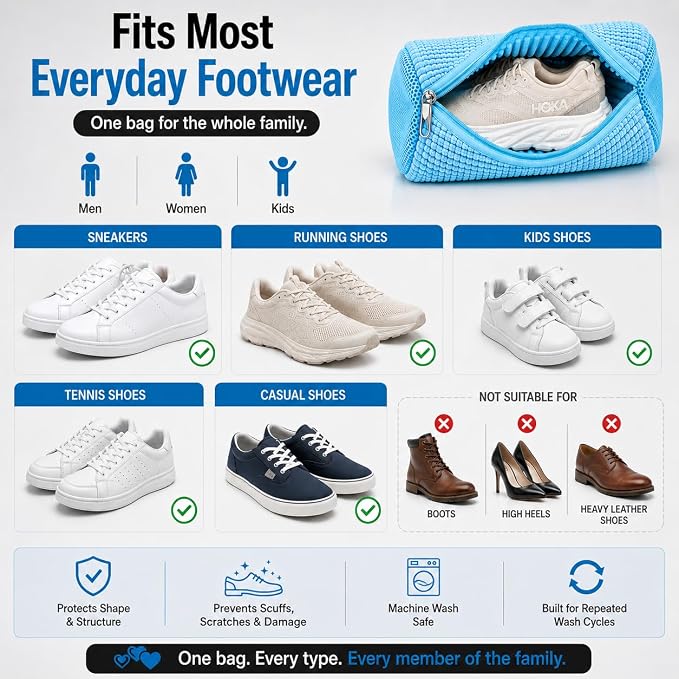 EPSCY Shoe Washing Machine Bags - Reusable Sneaker Laundry Shoe Bag with 360° Deep Clean Mesh - Self Locking Zipper, Noise Reduction Washing Bag Fits All Shoes Sizes and Types - Blue, Pack of 2