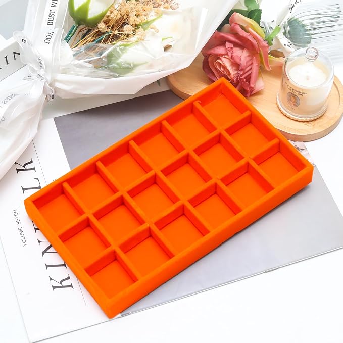 Velvet Jewelry Trays for Drawers, Orange Stackable Jewelry Drawer Organizer Inserts, Ring Earring Necklace Bracelet Holder Organizer Storage Display Tray with Removable Dividers, 18 Grids